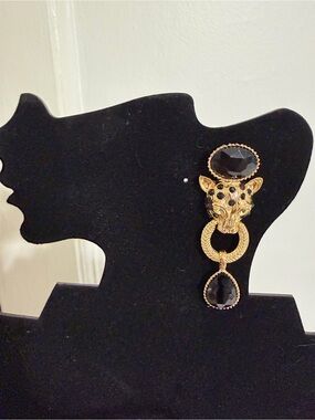 Gold Leopard Head Black Stone Drop Earrings - Women Jewelry